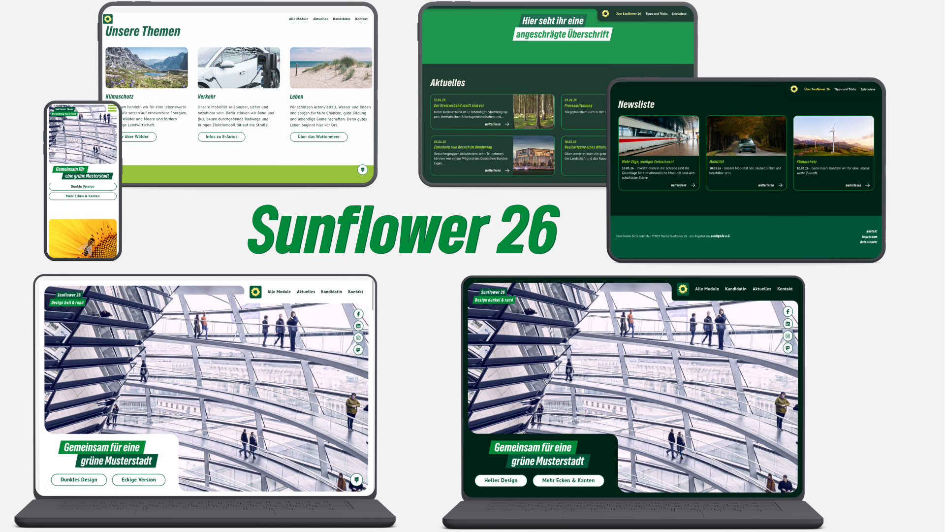 Ansichten des Sunflower 26-Website-Designs in verschiedenen Varianten und auf mehreren Geräten.