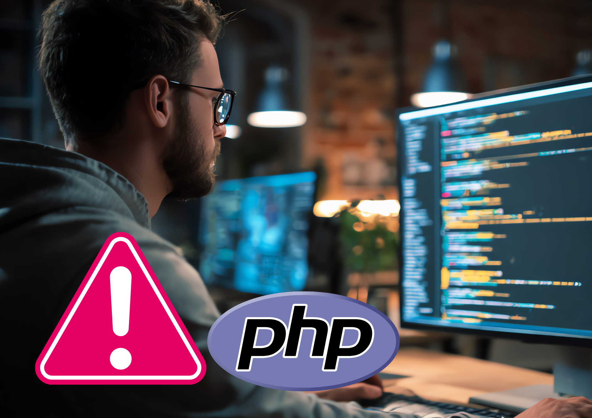 IT-Fachmensch am Rechner. Warnsymbol: php